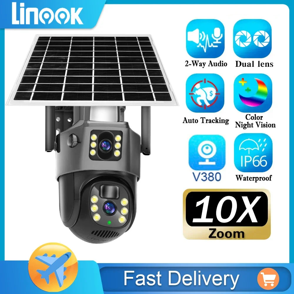 Linook V380 Pro 4K 8MP 4G Carte SIM Solaire CCTV Caméra sans fil Caméra WiFi extérieure Batterie à 360 degrés Étanche - RBFIBRE