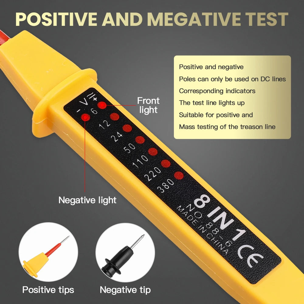 8-In-1 Voltage Tester AC/DC 6-380V Auto Electrical Pen Detector Induction Display with LED Light for Electrician Testing Tool RBFIBRE